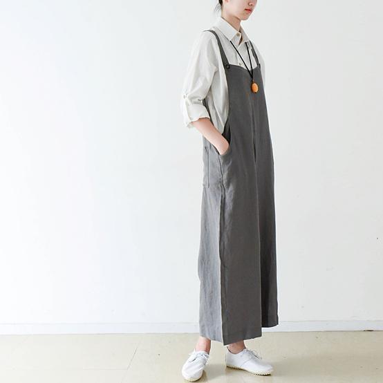 Gray cozy cotton jumpsuit pants plus szie linen pants wide leg - Omychic