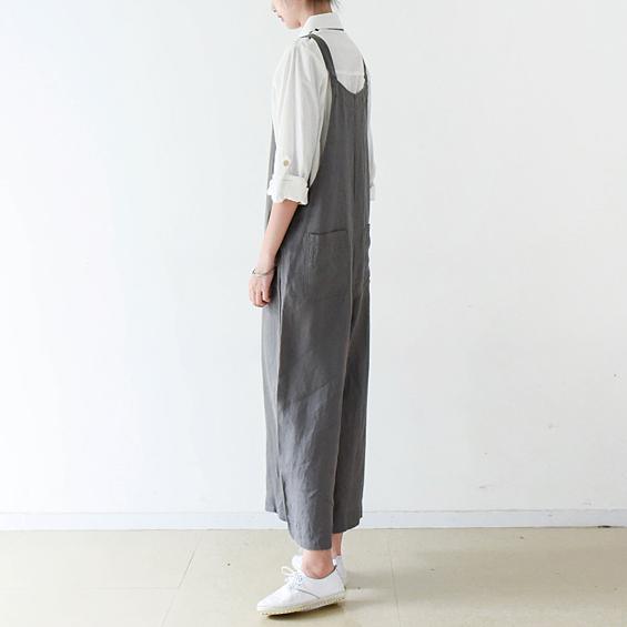 Gray cozy cotton jumpsuit pants plus szie linen pants wide leg - Omychic