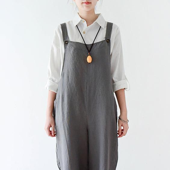 Gray cozy cotton jumpsuit pants plus szie linen pants wide leg - Omychic