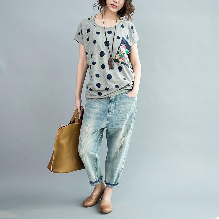 Gray cute duck pocket dotted cotton t shirts casual plus size blouses - Omychic