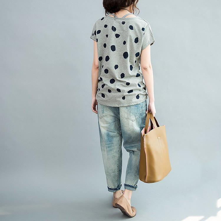 Gray cute duck pocket dotted cotton t shirts casual plus size blouses - Omychic