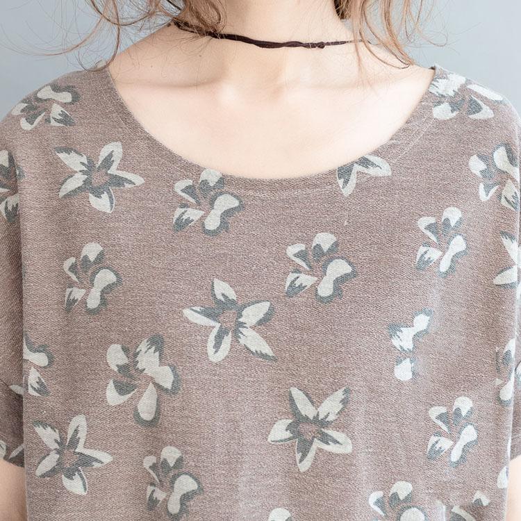 Gray fine cotton dotted floral summer t shirt short sleeve causal tops blouses - Omychic