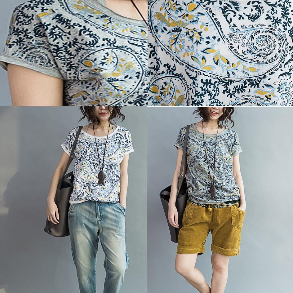 Gray floral woman cotton t shirts summer short sleeve blouses oversize tops - Omychic