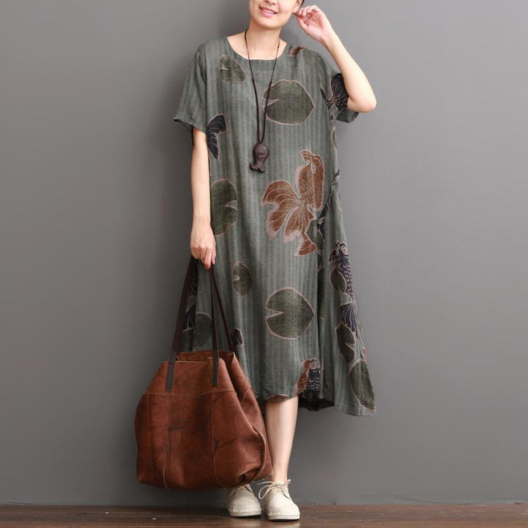 Gray green linen dress summer maxi dress long floral sundress - Omychic