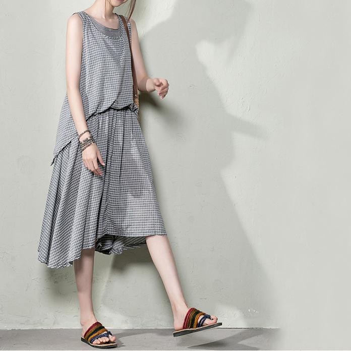Gray grid layered cotton dress casual dresses for summer - Omychic
