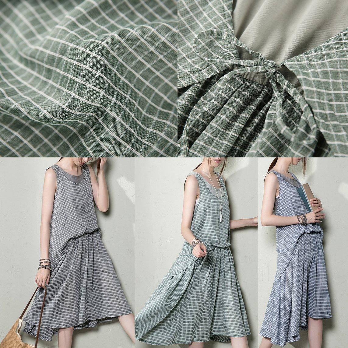 Gray grid layered cotton dress casual dresses for summer - Omychic