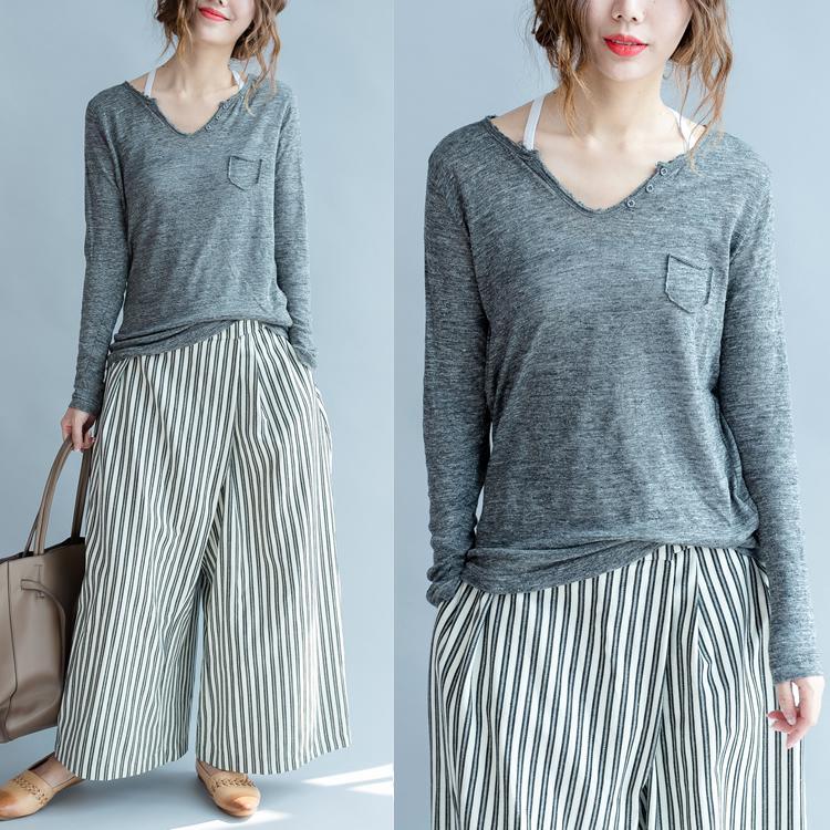 Gray knitted linen shirt v neck chunky womens tops - Omychic