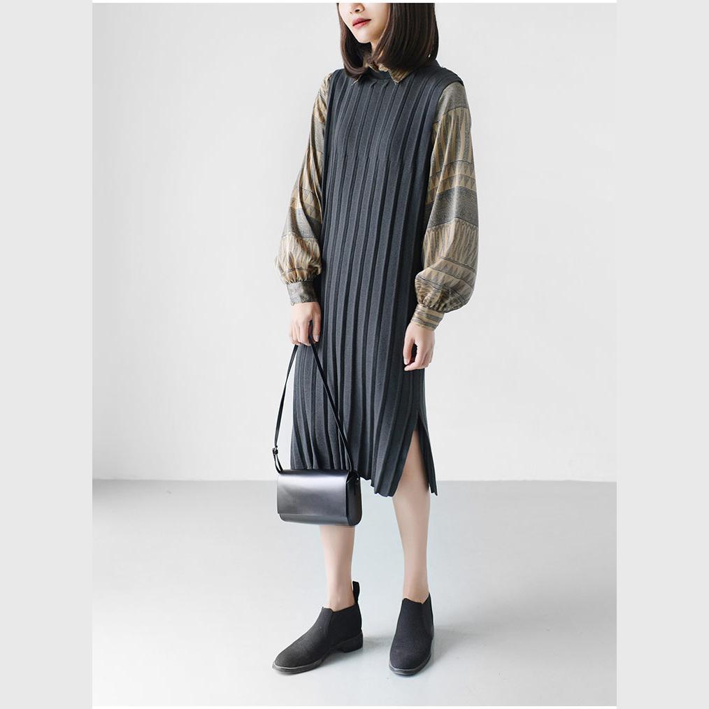 Gray knitted pleated dresses oversize high neck sleeveless dress - Omychic