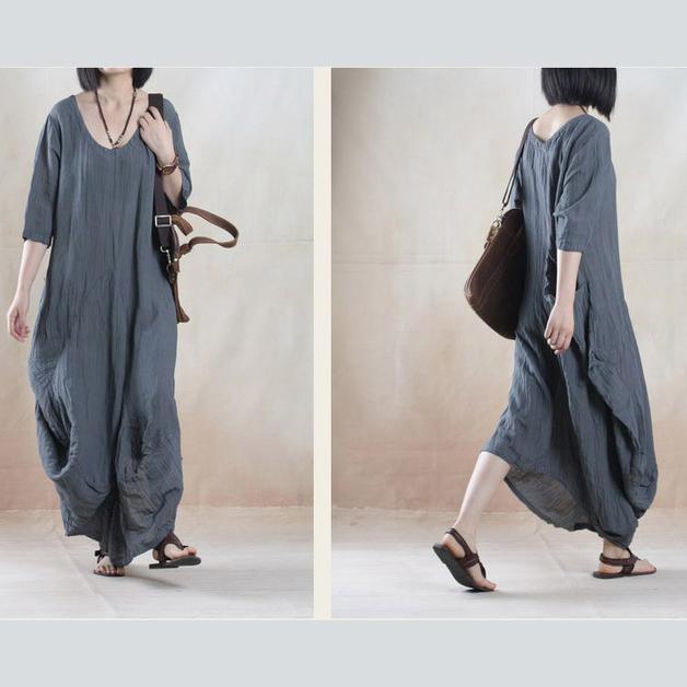 Gray line dress summer maxi dress short sleeve - Omychic