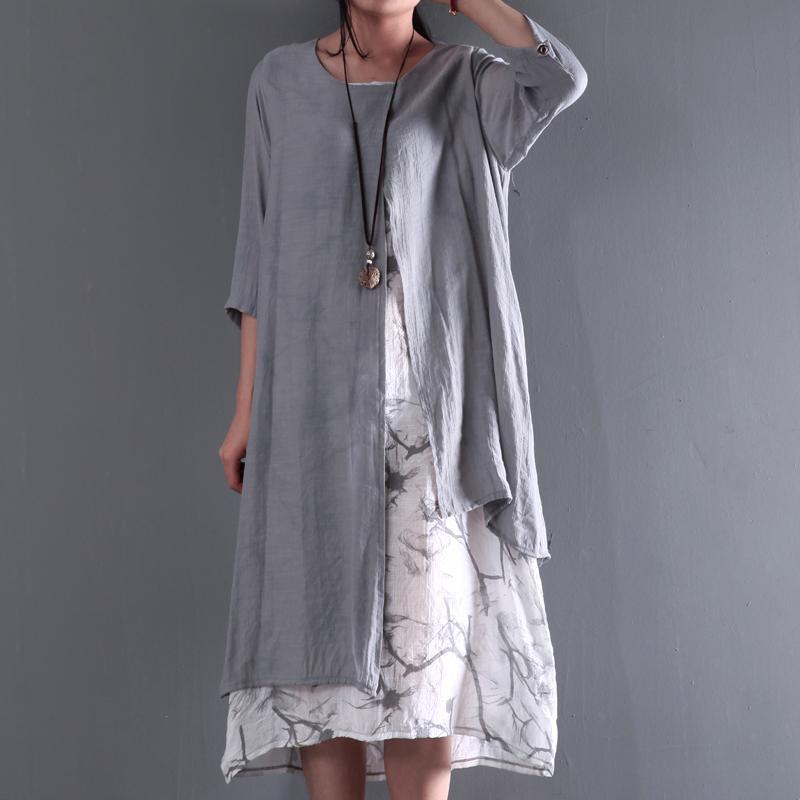 Gray long sleeve summer dress layered cotton maxi dresses plus size casual floral inside asymmetrical - Omychic