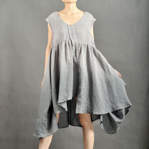 Gray loose fit flare summer dress linen dress - Omychic