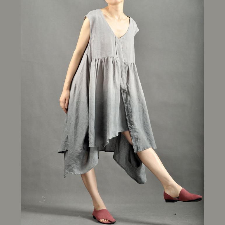 Gray loose fit flare summer dress linen dress - Omychic