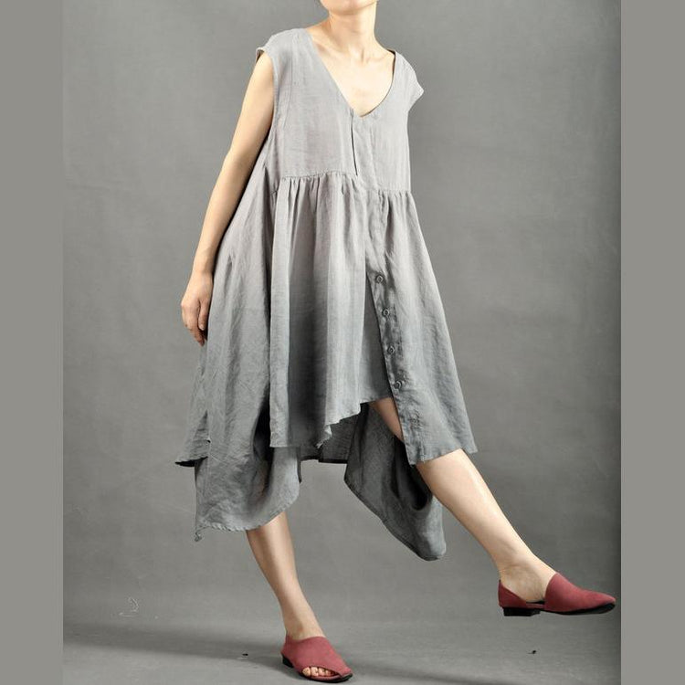 Gray loose fit flare summer dress linen dress - Omychic