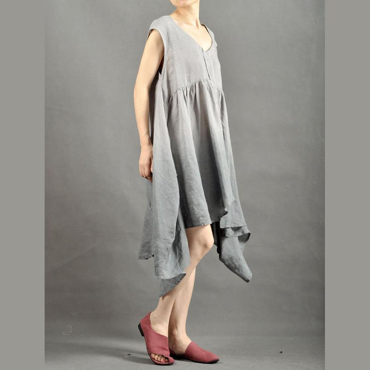 Gray loose fit flare summer dress linen dress - Omychic