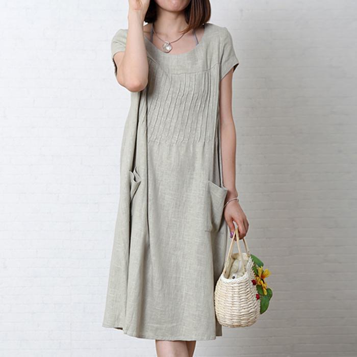 Gray loose linen summer maxi dress oversize cotton sundress - Omychic
