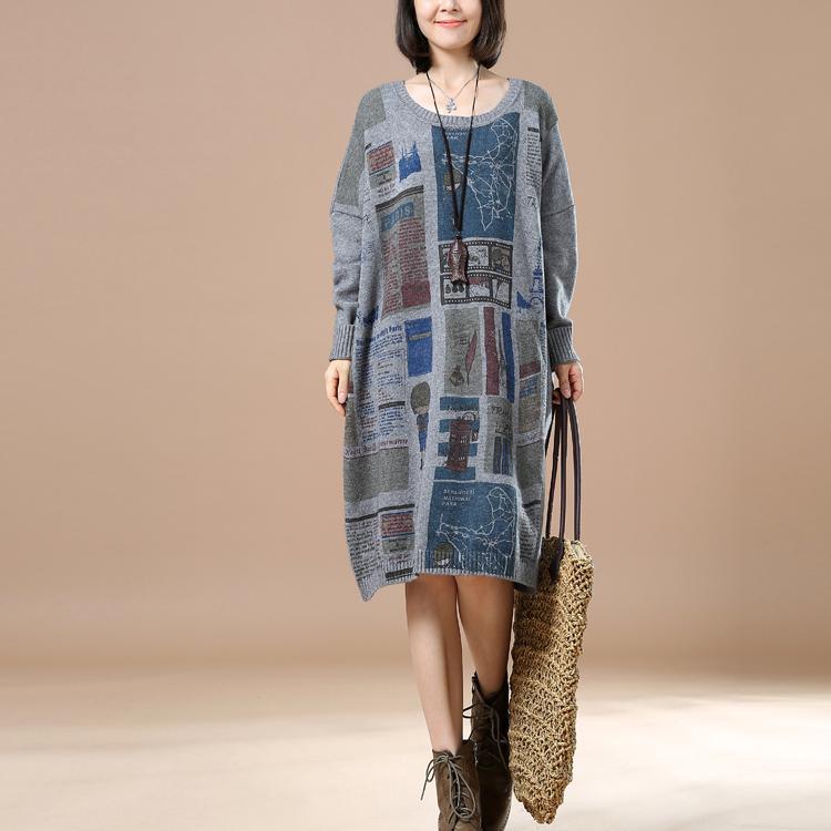Gray newspaper print winter dresses plus size sweaters - Omychic