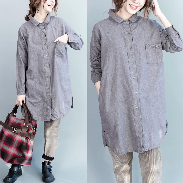 Gray oversize long seeve cotton blouse plus size cotton dresses - Omychic