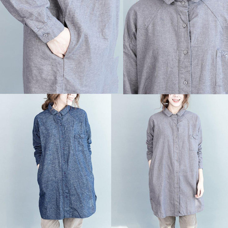Gray oversize long seeve cotton blouse plus size cotton dresses - Omychic