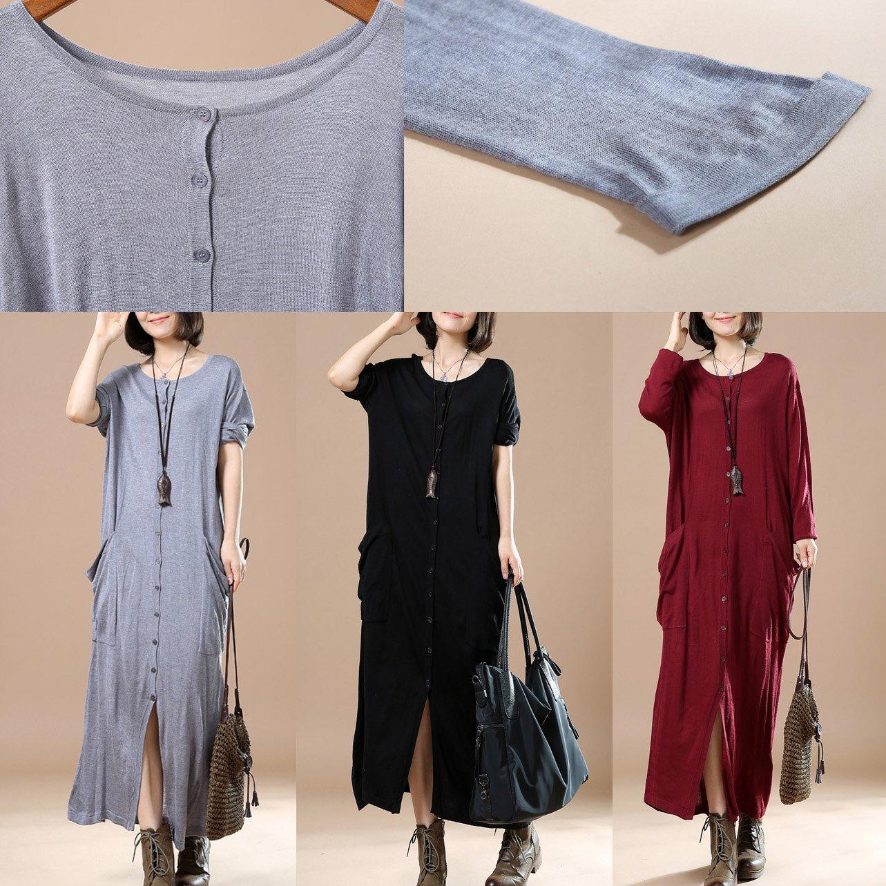 Gray oversize tunic sweater dresses floor length knitwear long sleeve - Omychic