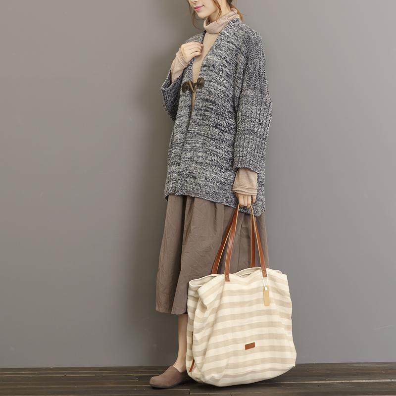 Gray oversize woolen stops sweaters short knit coats - Omychic