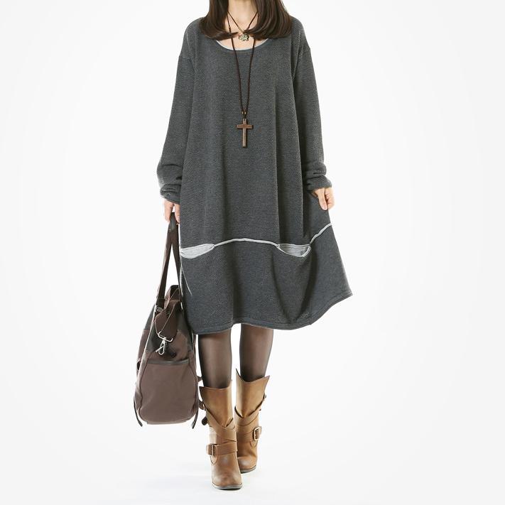 Gray oversized knit sweaters long knitted dress - Omychic