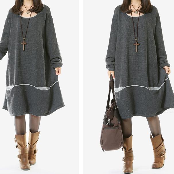 Gray oversized knit sweaters long knitted dress - Omychic