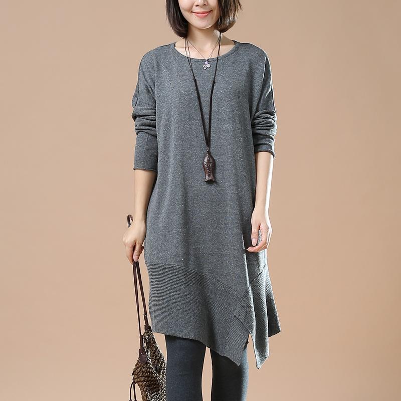 Gray oversized sweaters asymmetrical design knit dress - Omychic