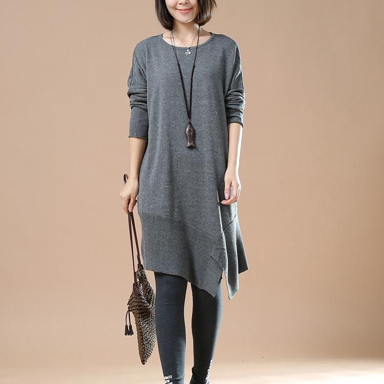 Gray oversized sweaters asymmetrical design knit dress - Omychic