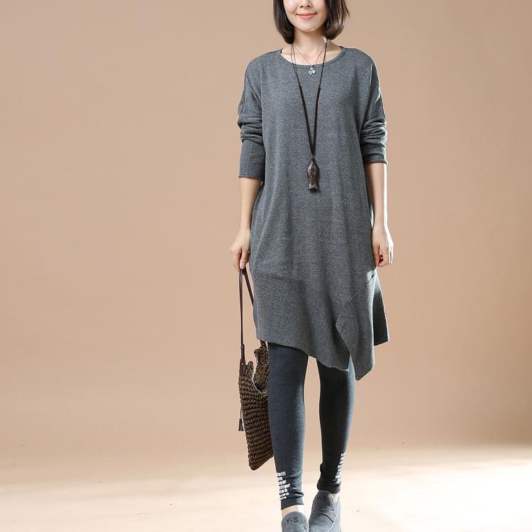 Gray oversized sweaters asymmetrical design knit dress - Omychic