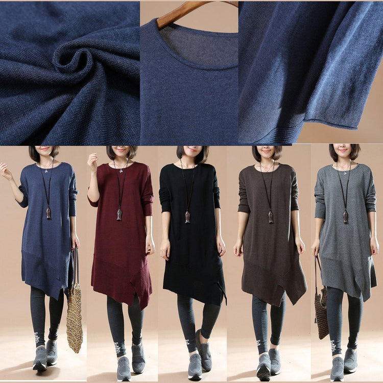 Gray oversized sweaters asymmetrical design knit dress - Omychic