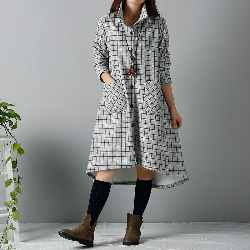 Gray plaid shirt dress long sleeve dresses - Omychic