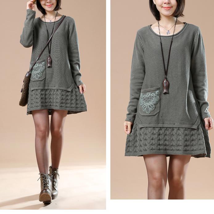 Gray plus size knit sweaters winter shift dress - Omychic