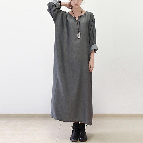 Gray silk dresses fall maxi dress top quality long sleeve maxi dress - Omychic