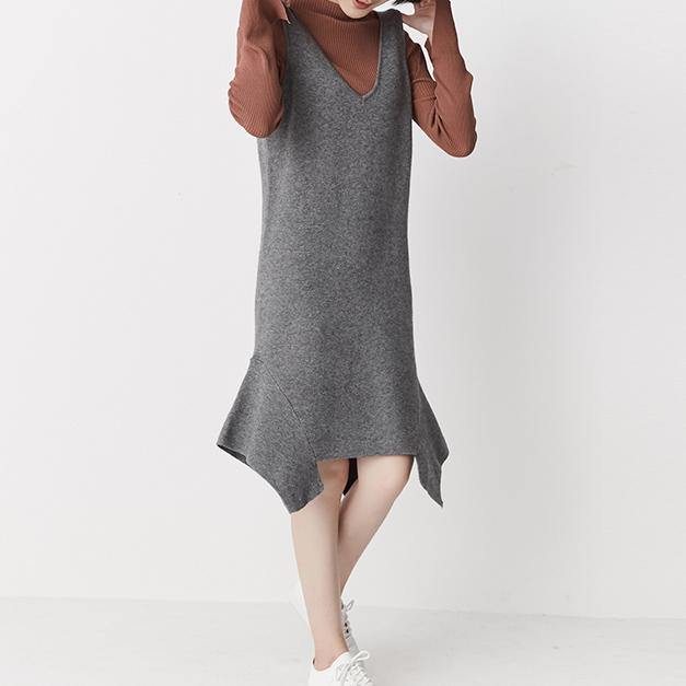 Gray sleeveless knit dress tunic strap dresses - Omychic