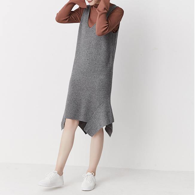 Gray sleeveless knit dress tunic strap dresses - Omychic
