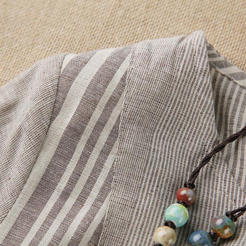 Gray stripe linen sundress summer long blouse shirt shift dress - Omychic