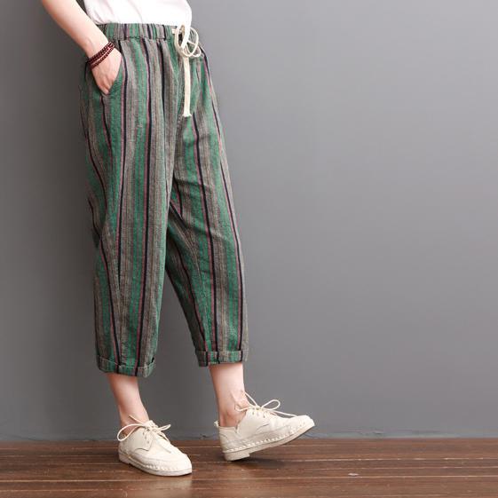 Gray striped sumemr linen pants women crop pants trousers - Omychic