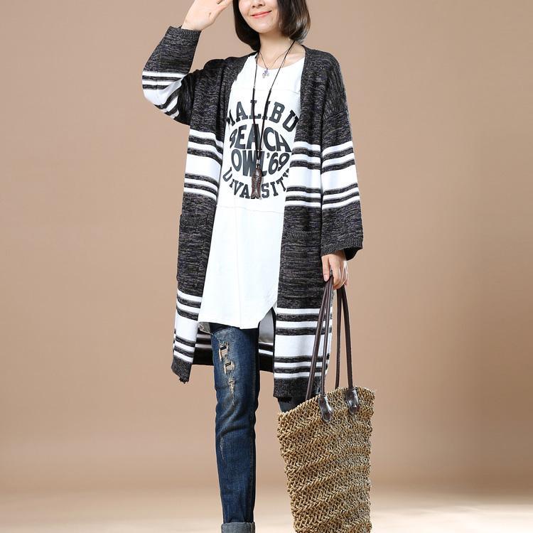 Gray striped women knit cardigans plus ize coats - Omychic