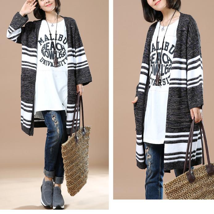 Gray striped women knit cardigans plus ize coats - Omychic