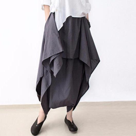 Gray stylish layered pants loose skirt pants cotton linen trousers - Omychic