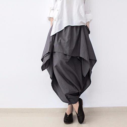 Gray stylish layered pants loose skirt pants cotton linen trousers - Omychic
