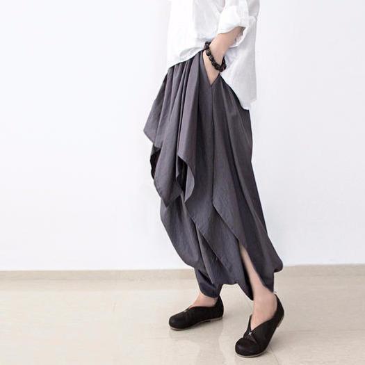 Gray stylish layered pants loose skirt pants cotton linen trousers - Omychic