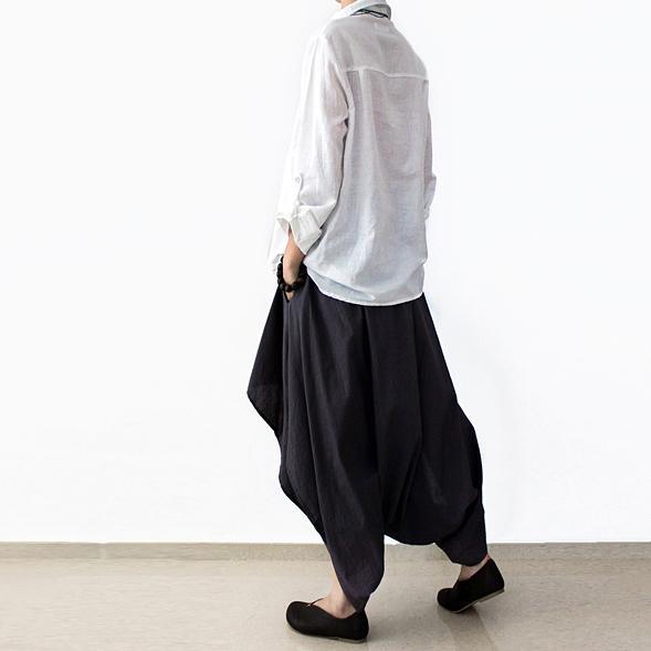 Gray stylish layered pants loose skirt pants cotton linen trousers - Omychic