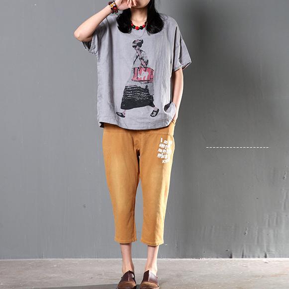 Gray summer women linen top oversize blouse casual style city girl print - Omychic