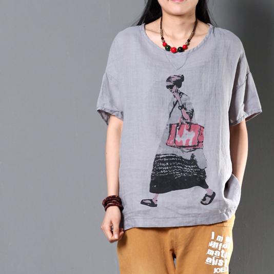 Gray summer women linen top oversize blouse casual style city girl print - Omychic