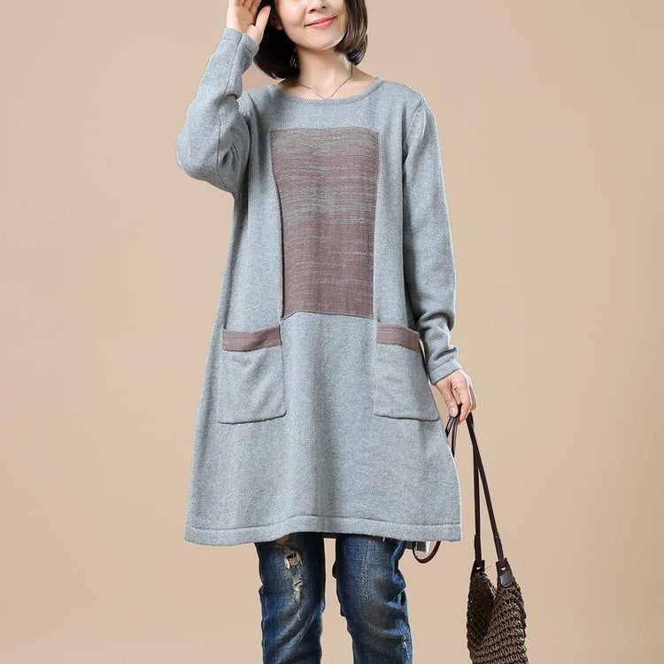 Gray sweaters long plus size knitted dress pockets patchwork - Omychic