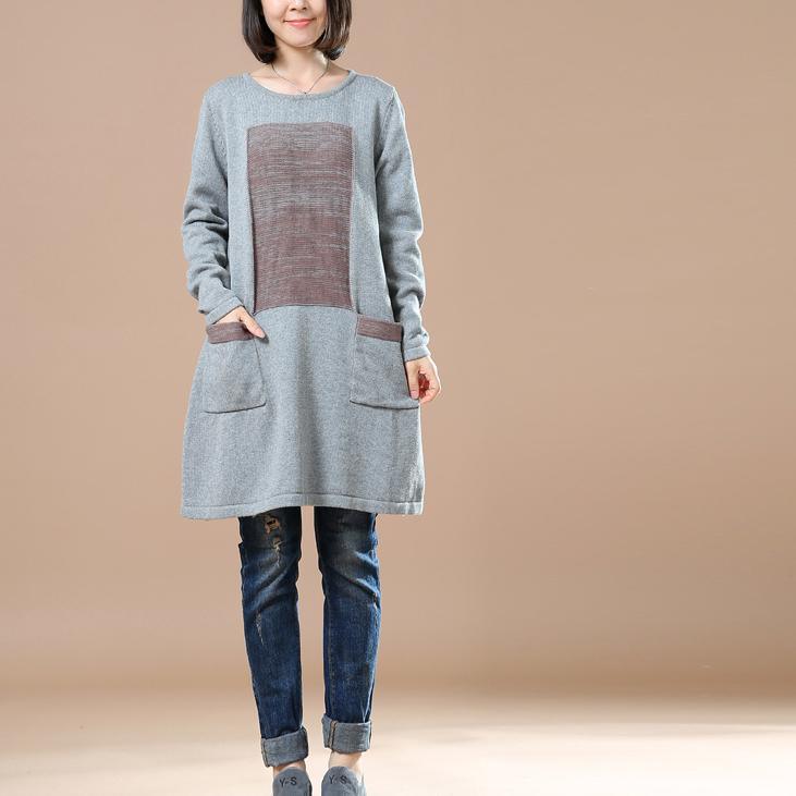 Gray sweaters long plus size knitted dress pockets patchwork - Omychic