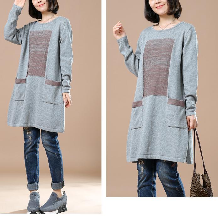 Gray sweaters long plus size knitted dress pockets patchwork - Omychic