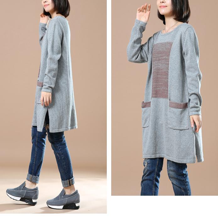Gray sweaters long plus size knitted dress pockets patchwork - Omychic