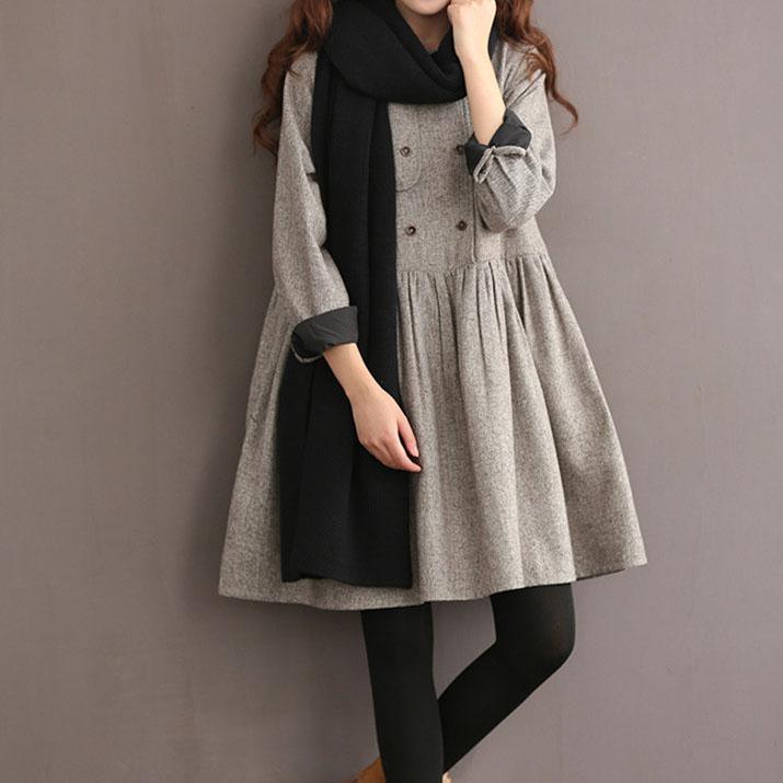 Gray vintage women spring woolen dresses oversize double breasted woolen dress - Omychic